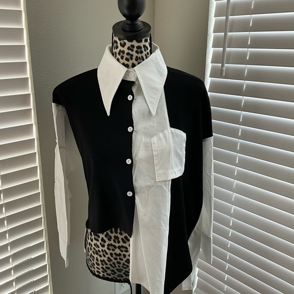 Madonna & Co. Women’s Mixed Media White Shirt with Black Knit Contrast - OS - Picture 2 of 2